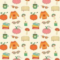 herfst retro groovy naadloos patroon. hippie paddestoelen, pompoen, boeken, thee mok, trui, zonnebril en kaars Aan pastel achtergrond vector