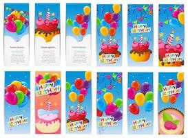kleur glanzende gelukkige verjaardag ballonnen en taart banner set backgro vector