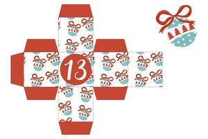 komst kalender afdrukbare geschenk doos. geschenk doos afdrukbare sjabloon. nieuw jaar en Kerstmis concept. aantal 13 vector