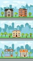 reeks van drie vector illustraties van stad straat met tekenfilm huizen en bomen. zomer stedelijk landschap. straat visie met stadsgezicht Aan een achtergrond