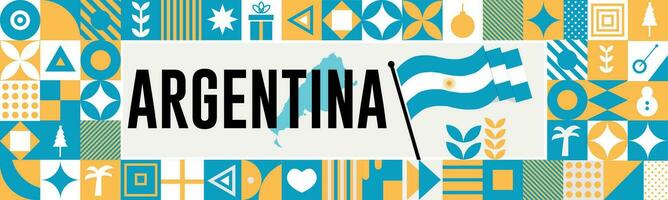 Argentinië nationaal dag banier met kaart, vlag kleuren thema achtergrond en meetkundig abstract retro modern kleurrijk ontwerp met verheven handen of vuisten. vector