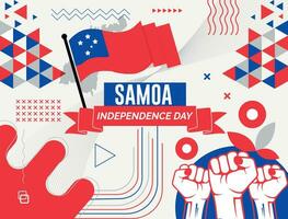 Samoa nationaal dag banier met kaart, vlag kleuren thema achtergrond en meetkundig abstract retro modern kleurrijk ontwerp met verheven handen of vuisten. vector