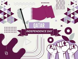 qatar nationaal dag banier met kaart, vlag kleuren thema achtergrond en meetkundig abstract retro modern kleurrijk ontwerp met verheven handen of vuisten. vector