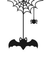 knuppel hangende Aan een spin web tekening silhouet, gelukkig halloween spookachtig ornamenten decoratie vector illustratie