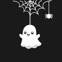 schattig geest hangende Aan een spin web tekenfilm, gelukkig halloween spookachtig ornamenten decoratie vector illustratie