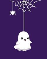 schattig geest hangende Aan een spin web tekenfilm, gelukkig halloween spookachtig ornamenten decoratie vector illustratie