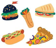 junk street food set. hamburger, hamburger, pizza, sandwich, burrito en hotdog. traditioneel afhaalmaaltijden in fastfoodketens. hoge calorie. vectorillustratie geïsoleerd op een witte achtergrond vector