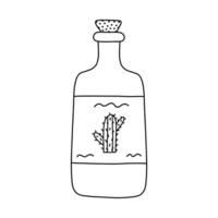 gemakkelijk hand- getrokken tekening met schets van tequila fles met cactus label. traditioneel Mexicaans alcohol drinken icoon in stijl. partij drankjes en geesten clip art geïsoleerd Aan wit achtergrond. vector