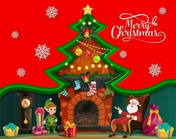 Kerstmis papier besnoeiing kaart met de kerstman en elf vector