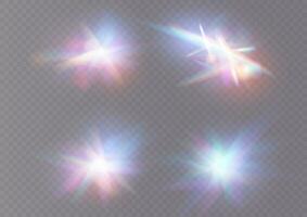 iriserend kristal lekken schittering reflectie effect. optisch regenboog lichten, schittering, lek, streep overlappen. vallend confetti. vector kleurrijk vector lenzen en licht fakkels met Effecten.