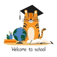 welkom op school wenskaart. cartoon schattige tijger wetenschapper met globe en boeken geïsoleerde vectorillustratie voor kinderen vector