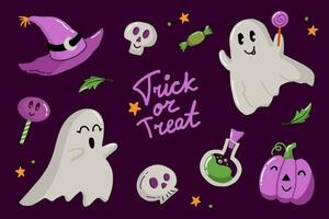 halloween elementen set. truc of traktatie belettering. hand- getrokken vector geïsoleerd schattig stickers. geest, toverdrank, heks hoed, schedel, lolly, snoepgoed. mooi zo voor kaarten, afdrukken, posters