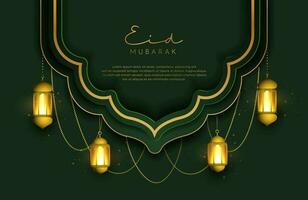 eid mubarak achtergrond in luxe stijl vectorillustratie van donkergroen Arabisch ontwerp met gouden lantaarn of fanoos voor islamitische heilige maand vieringen vector