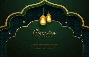 ramadan kareem achtergrond met gouden en groene kleur luxe stijl vectorillustratie voor islamitische heilige maand vieringen versierd met sterren en lantaarn vector