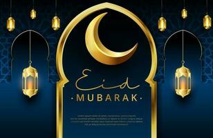 eid mubarak achtergrond in luxe stijl vectorillustratie van donkergroen islamitisch ontwerp met gouden lantaarn en wassende maan voor islamitische heilige maand vieringen vector