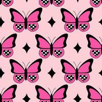 emo naadloos patroon met vlinders en schaakbord harten en sterren. y2k. zwart en roze. retro stijl van de jaren 2000. vector
