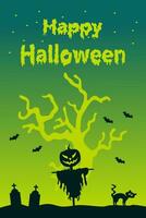 halloween verticaal achtergrond met vogelverschrikker pompoen en gelukkig halloween titel. folder of uitnodiging sjabloon voor halloween feest. vector illustratie.