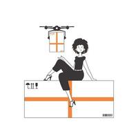 de meisje stuurt een pakket met een drone. lucht levering concept. lineair stijl. geïsoleerd Aan wit achtergrond. vector illustratie.