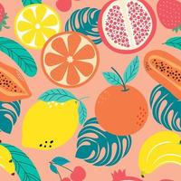 hand getekend schattig naadloos patroon fruit, sinaasappel, banaan, granaatappel, kers, aardbei, citroen en blad op oranje pastel achtergrond. vectorillustratie. vector
