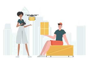 de concept van lading levering. de quadcopter is vervoeren de perceel. Mens en vrouw met karton dozen. modieus stijl. vector illustratie.