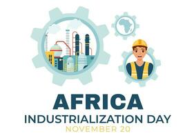Afrikaanse industrialisatie dag vector illustratie van fabriek gebouw in werking met schoorstenen in de centrum van de stad in vlak tekenfilm achtergrond