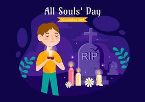 allemaal zielen dag vector illustratie naar herdenken allemaal overleden gelovigen in de christen religie met kaarsen in vlak tekenfilm achtergrond ontwerp