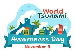 wereld tsunami bewustzijn dag vector illustratie Aan 5 november met golven raken huizen en gebouw landschap in vlak tekenfilm achtergrond Sjablonen