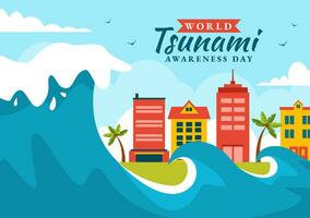 wereld tsunami bewustzijn dag vector illustratie Aan 5 november met golven raken huizen en gebouw landschap in vlak tekenfilm achtergrond Sjablonen