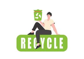 een Mens zit en houdt een urn in zijn handen. de concept van recycling en nul afval. geïsoleerd. vector illustratie.