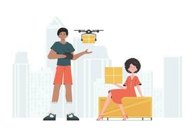 levering thema. de quadcopter is vervoeren de perceel. Mens en vrouw met karton dozen. modieus stijl. vector illustratie.