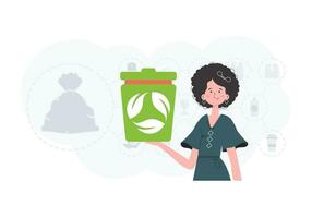 de concept van ecologie en recyclen. een vrouw houdt een urn in haar handen. vector illustratie vlak modieus stijl.