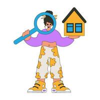 een vrouw makelaar houdt een huis en een vergroten glas in haar handen. echt landgoed huis eigendom. vector