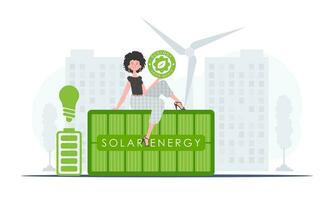 de concept van groen energie en ecologie. een vrouw zit Aan een zonne- paneel en houdt de eco logo in haar handen. vector neiging illustratie.