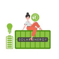 een vrouw zit Aan een zonne- paneel en houdt de eco logo in haar handen. de concept van groen energie en ecologie. geïsoleerd Aan wit achtergrond. vector neiging illustratie.