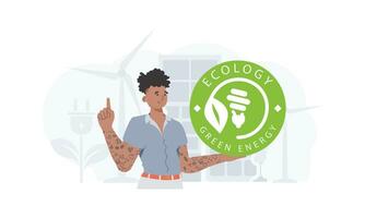 de concept van ecologie en groen energie. de vent houdt de eco logo in zijn handen. modieus stijl. vector illustratie.