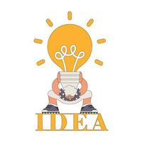 grappig illustratie Aan de thema van de idee. een Mens is Holding een zwaar groot licht lamp. vector