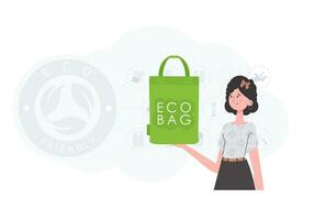de concept van ecologie en zorg voor de omgeving. een vrouw houdt een eco zak in haar handen. mode neiging vector illustratie.