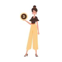de meisje is Holding een bitcoin munt in haar handen. karakter met een wijnoogst stijl. vector