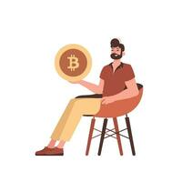 de vent zit in een stoel en houdt een bitcoin munt in zijn handen. vector