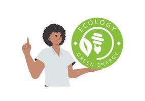 een Mens houdt de eco logo in zijn handen. de karakter is afgebeeld naar de taille. de concept van ecologie en groen energie. geïsoleerd. vector neiging illustratie.