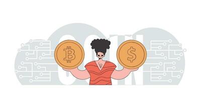 Mens Holding bitcoin en dollar. de concept van wisselwerking met digitaal monetair middelen. vector