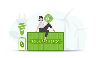 de concept van ecologie en groen energie. de meisje zit Aan de zonne- paneel en houdt de eco logo in haar handen. vector neiging illustratie.