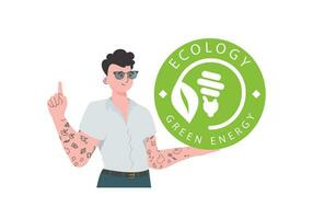 een Mens houdt de eco logo in zijn handen. de karakter is afgebeeld naar de taille. de concept van groen energie en ecologie. geïsoleerd Aan wit achtergrond. in de mode, modieus stijl. vector. vector