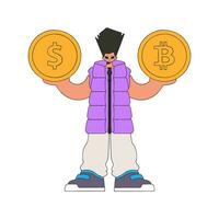 Mens Holding dollar en bitcoins. karakter modieus stijl. vector