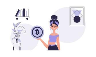 de concept van mijnbouw en extractie van bitcoins. een vrouw houdt een bitcoin in haar handen. karakter in modieus stijl. vector