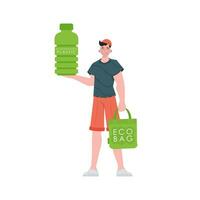 een Mens houdt een fles gemaakt van biologisch afbreekbaar plastic in zijn handen. eco vriendelijk concept. geïsoleerd Aan wit achtergrond. mode neiging illustratie in vector. vector