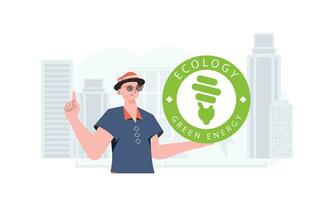 de concept van ecologie en groen energie. een Mens houdt de eco logo in zijn handen. modieus stijl. vector illustratie.