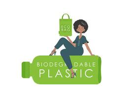 een vrouw zit Aan een fles gemaakt van biologisch afbreekbaar plastic en houdt een eco zak in haar handen. concept van groen wereld en ecologie. geïsoleerd Aan wit achtergrond. mode neiging vector illustratie.