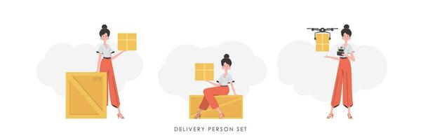 reeks van een meisje met een doos en een perceel. levering concept. modieus stijl. vector illustratie.