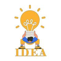 grappig illustratie Aan de thema van de idee. een Mens is Holding een zwaar groot licht lamp. vector